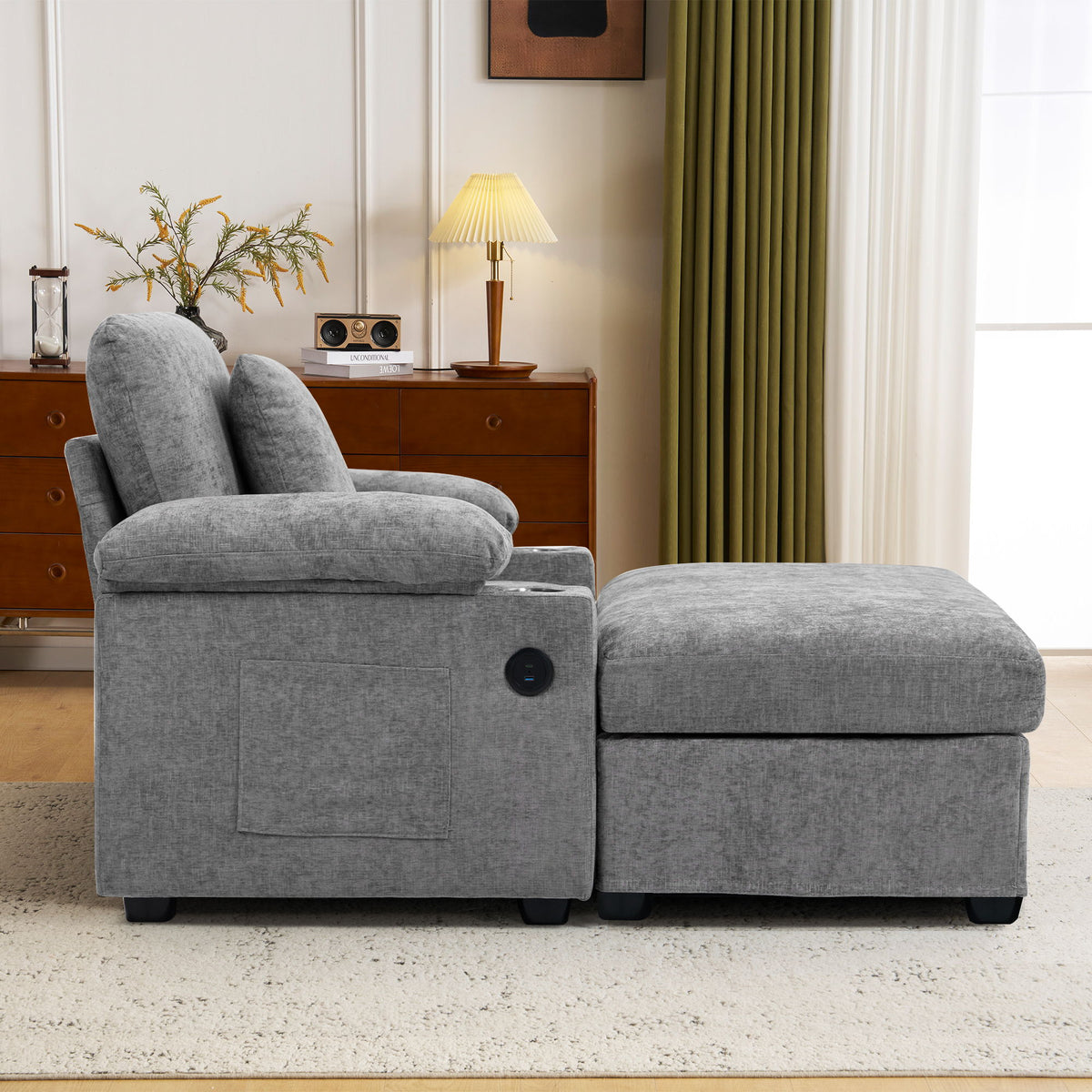 Modern Oversized Chair With Ottoman, Chenille Fabric Sofa Bed, Accent Chair Comfy Sofa With Cupholders And USB Charging Ports Chair For Living Room - Gray