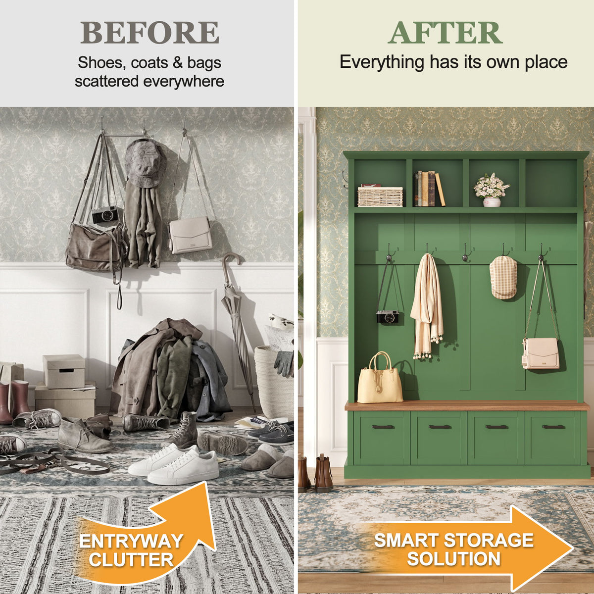 Hall Tree With Storage Bench Mudroom Coat Rack With 6 Hooks