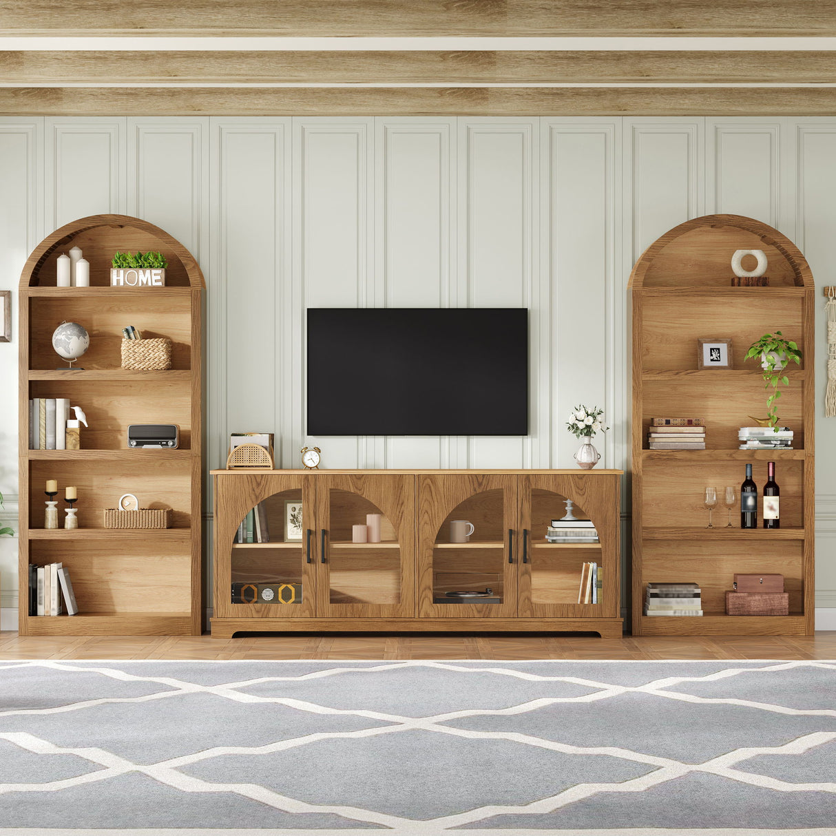 3 Piece TV Stand Set With Bookshelf With Arched Design For Living Room - Brown
