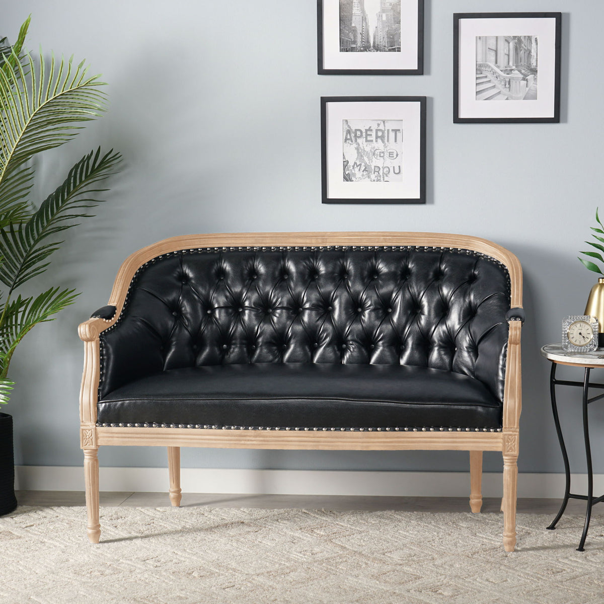 French Country Chesterfield Style Tufted Loveseat - Black