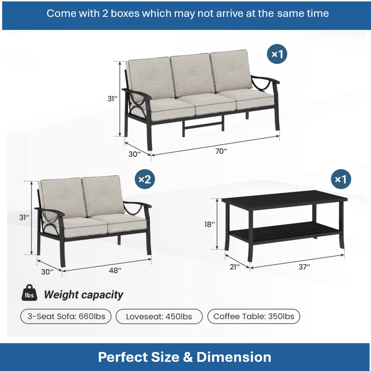 3 Piece Patio Furniture Set With Thick Cushions, Coffee Table For Backyard - Gray / Black