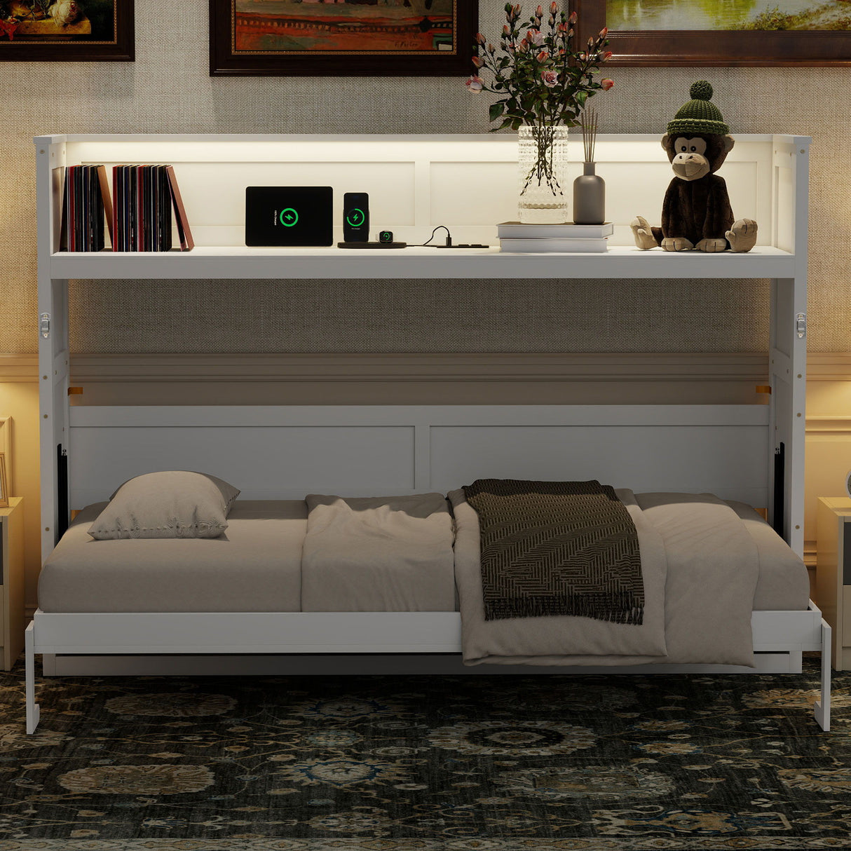 Murphy Bed With Desk, LED Light And USB Charging Station