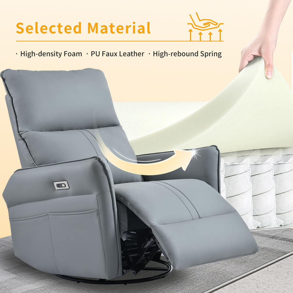 Power Swivel Rocker Recliner Chair, 270° Swivel Rocking Recliner Chair, Electric Small Recliners For Small Spaces, Single Sofa Recliner For Living Room - Blue / Gray