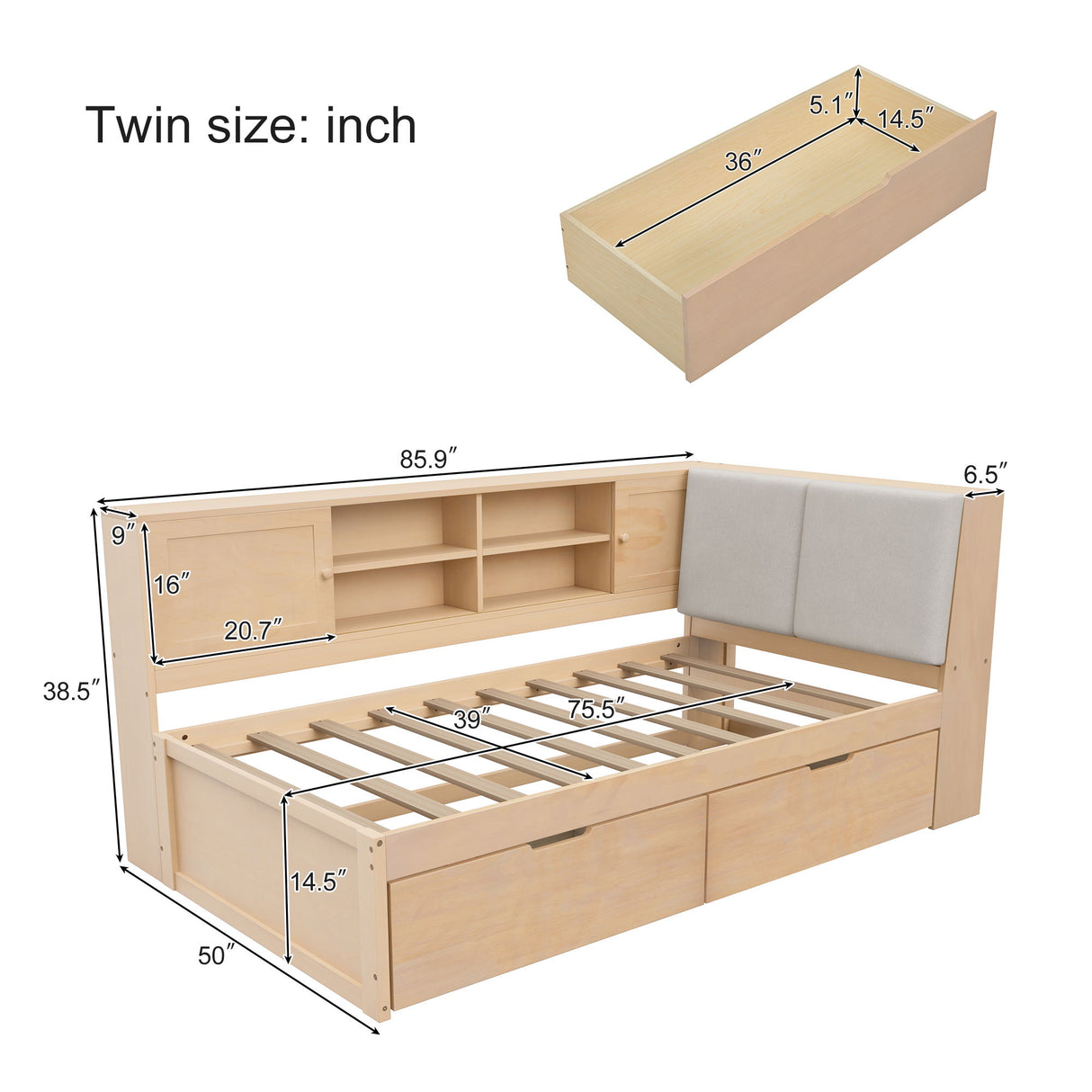 Twin L - Shaped Daybed With Storage Bookcase, Upholstered Headboard, USB Charging Ports & Hidden Drawers - Natural