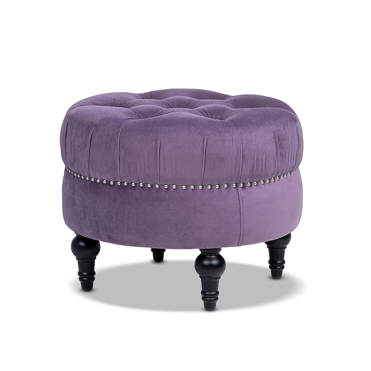 Dawn - Tufted Round Ottoman Nailhead Accents - Purple