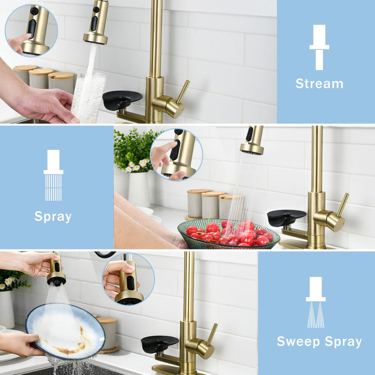 3 In 1 Kitchen Faucet With Press Type Glass Rinser, High Arc Pull Down Sprayer