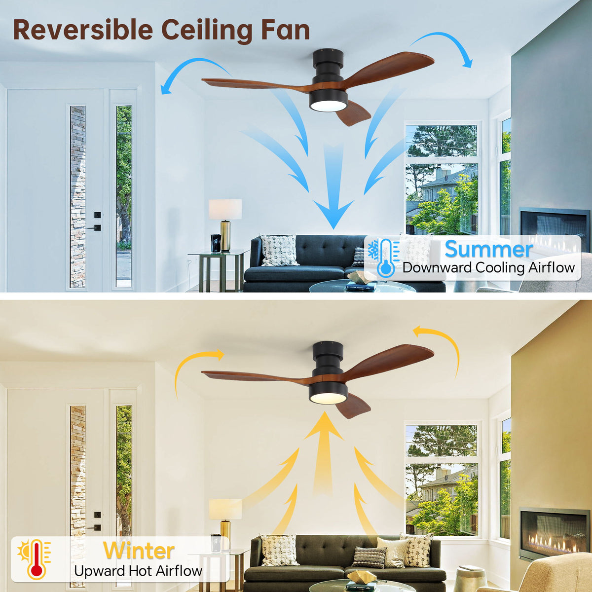 48" Ceiling Fan With Light, Dual Mount (Flush / Downrod), Dimmable LED, Quiet DC Motor, 3 Blades