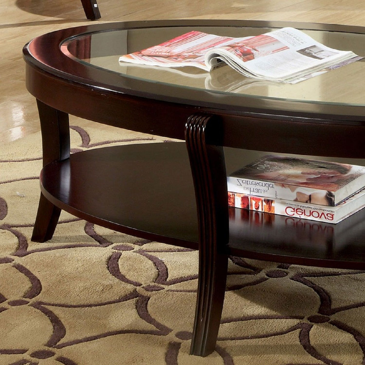 Oval Coffee Table With Beveled Glass Top And Open Lower Shelf - Espresso