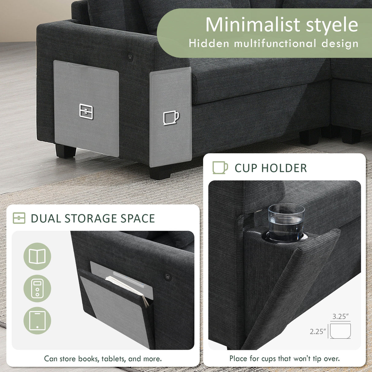 U Shaped Sectional Sofa 6 Seat Couch Set With Oversized Ottoman, Hidden Armrest Storage And Cup Holders USB Charging Ports Wide Seat Sofa