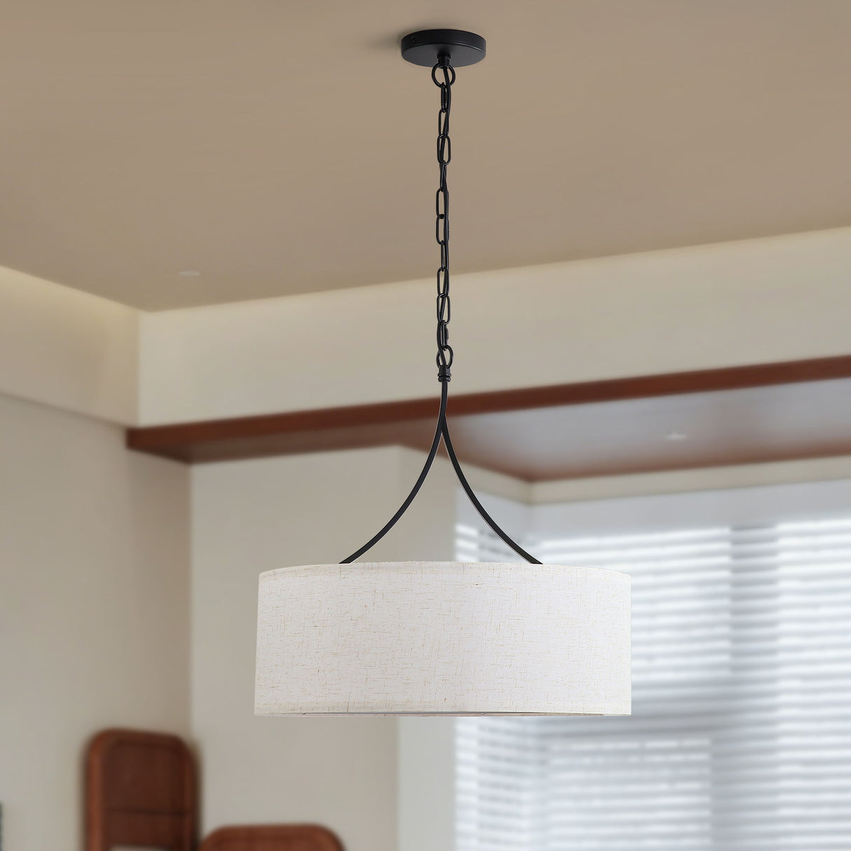 3 Light Pendant Light Adjustable Drum Chandelier, Shade Ceiling Light Fixture - Beige White / Black