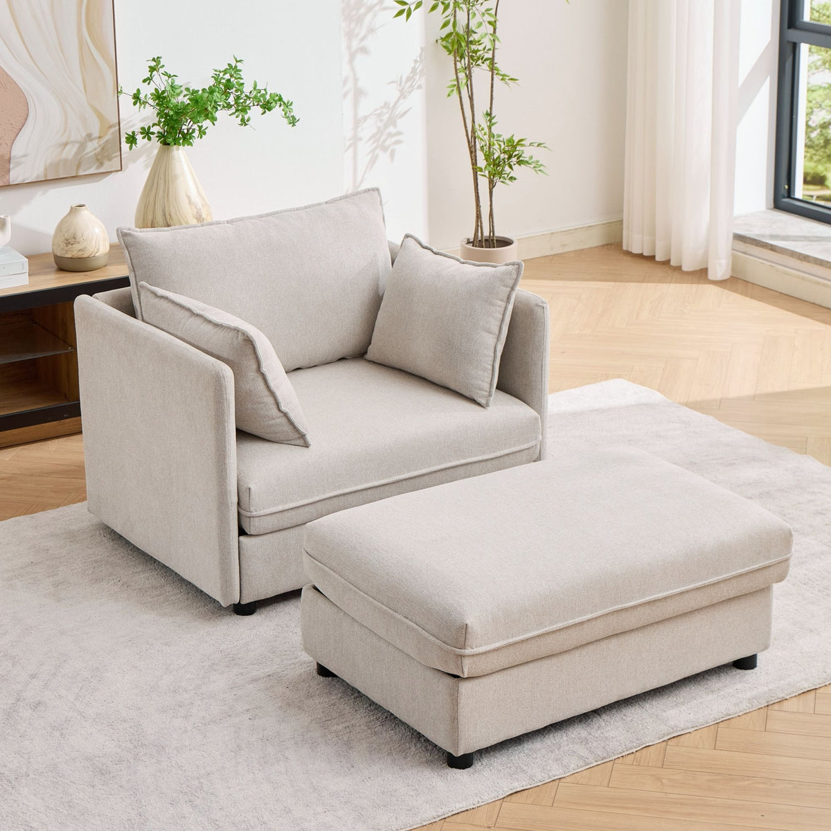 Oversized Deep Seat Accent Chair With Matching Storage Ottoman & Throw Pillows