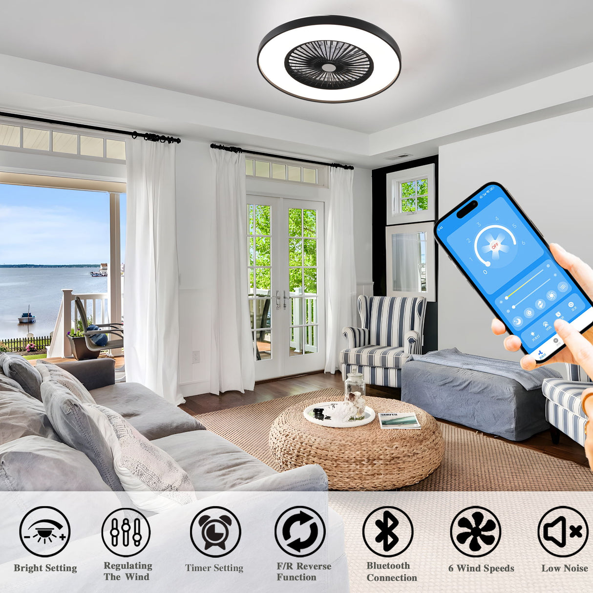 Bedroom Ceiling Fan With Remote Control, Dimmable LED Light, 8 Blades, Reversible Dc Motor - Black