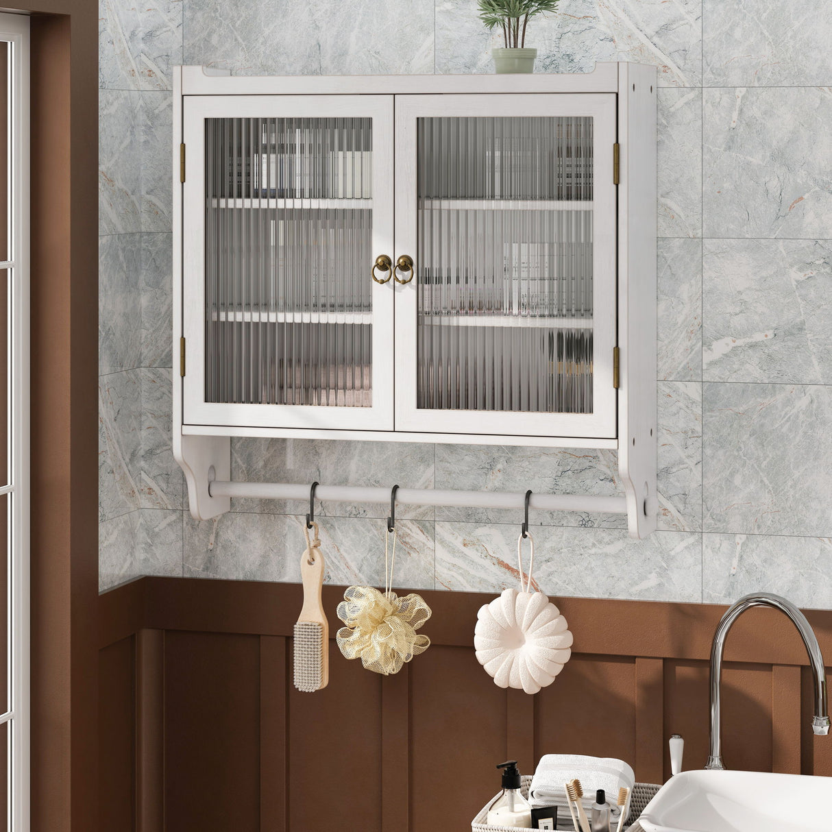 Vintage Double Door Wall Cabinet With Three Tiers Storage And Towel Rack - White Washed
