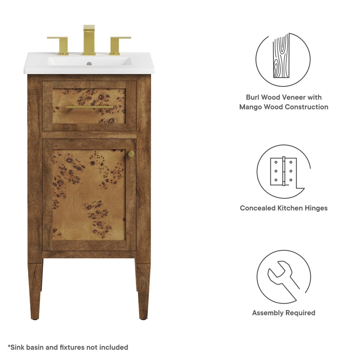 18" Brown Wood Bathroom Vanity Cabinet (Sink Basin Not Included) - Bathroom Fixtures - Alpine Outlets