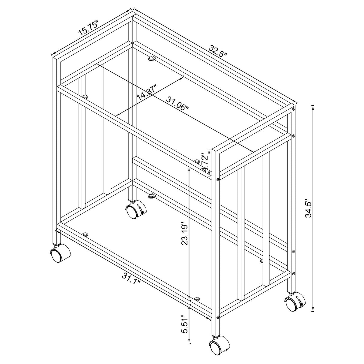 Cara 2-Tier Rectangular Glass Shelf Metal Bar Cart Chrome