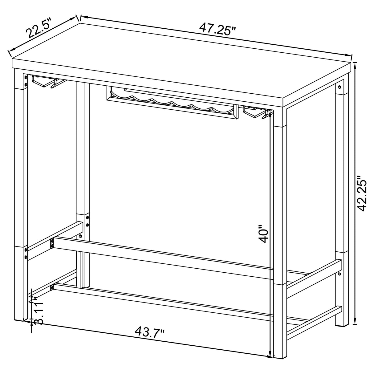 Norcrest 47-Inch White High Gloss Bar Table with Wine Storage