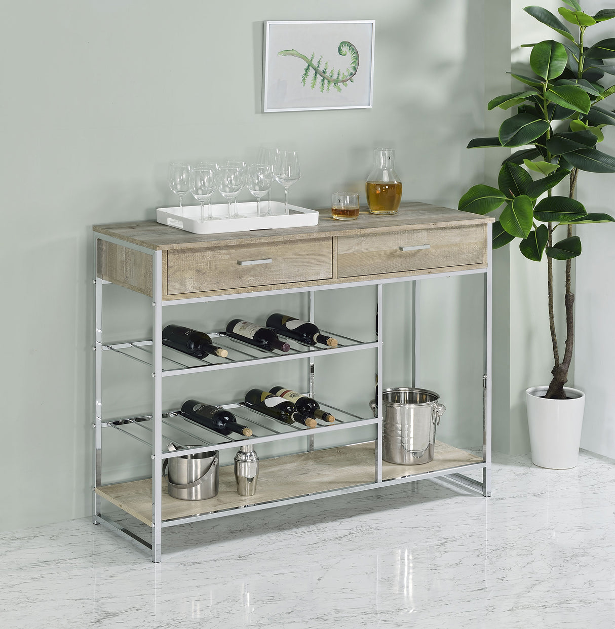 Melrose 2-Drawer Home Bar Storage with Wine Rack, Grey Washed Oak