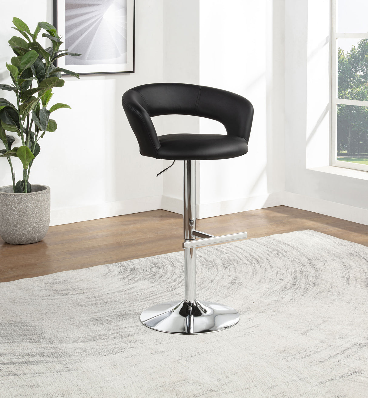 Travia Adjustable Leatherette Swivel Bar Stool, Black and Chrome