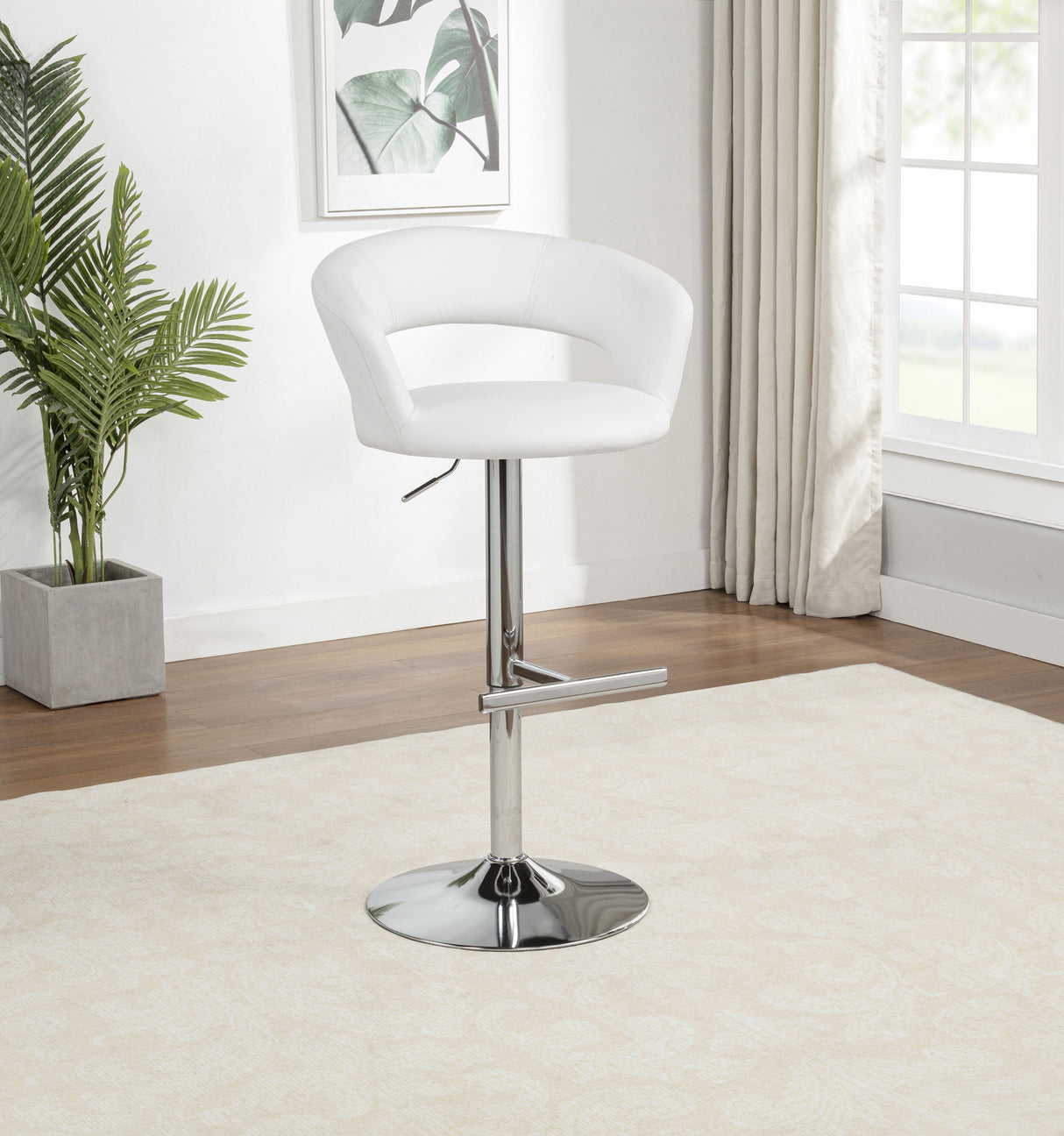 Travia Adjustable Leatherette Swivel Bar Stool, White and Chrome