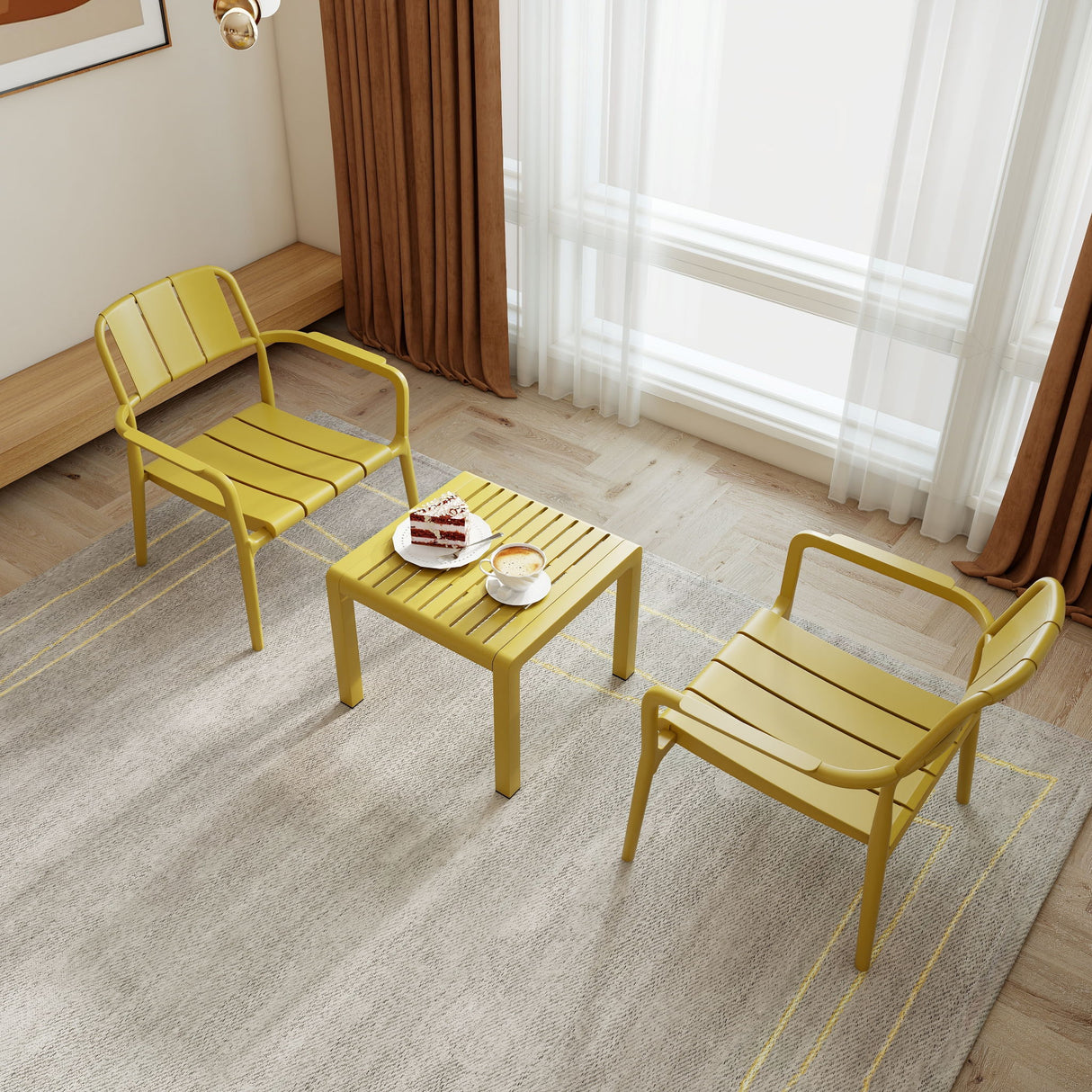 3 Piece Indoor / Outdoor Leisure Table And Chair Set (2 Chairs And 1 Coffee Table), UV Resistant, Waterproof And Durable - Brick Yellow