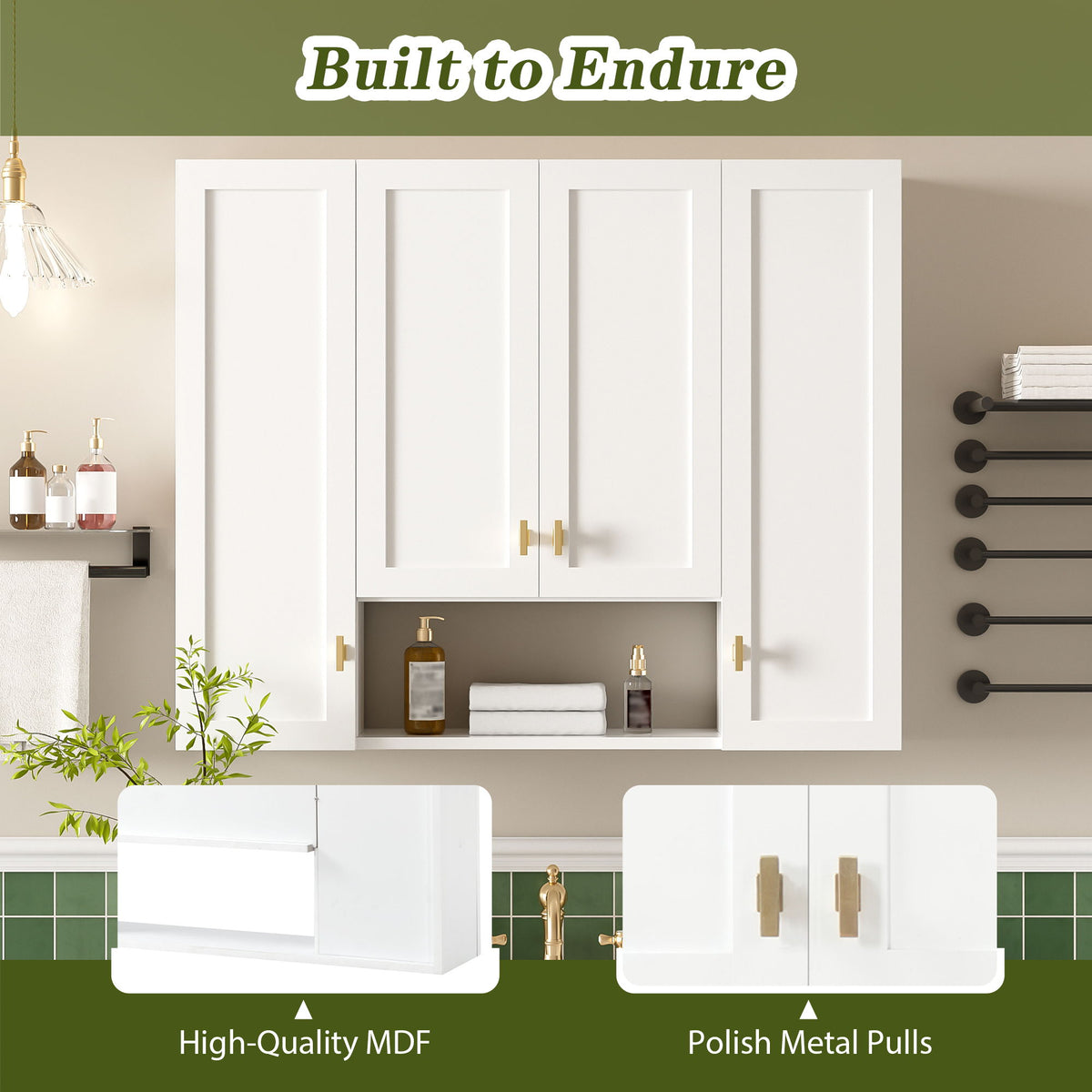 30" Bathroom Cabinet With 5 Adjustable Shelves, Wall Mounted Medicine Cabinet - White