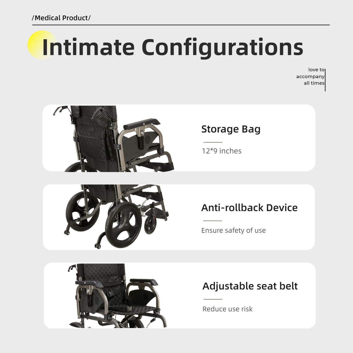 Lightweight Foldable Transport Wheelchair For Adults, Square Tube Design