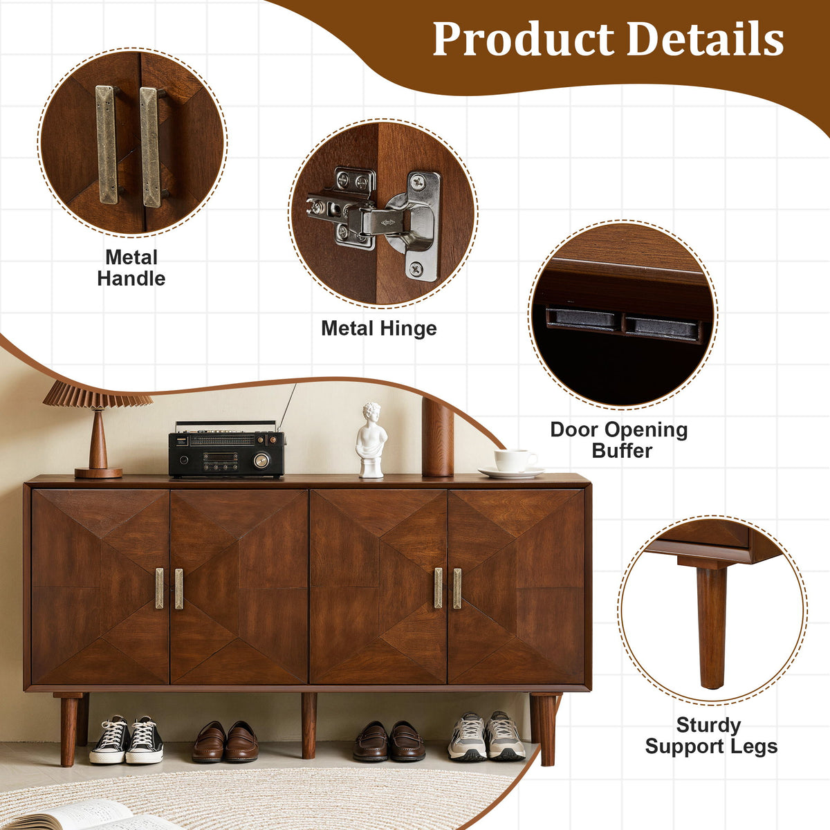 Sideboard Buffet Cabinet, Storage Credenza For Living Room - Walnut