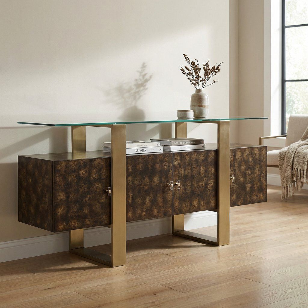 Console Cabinet Sideboard with Four Doors Wood and Glass 70x32in Brown