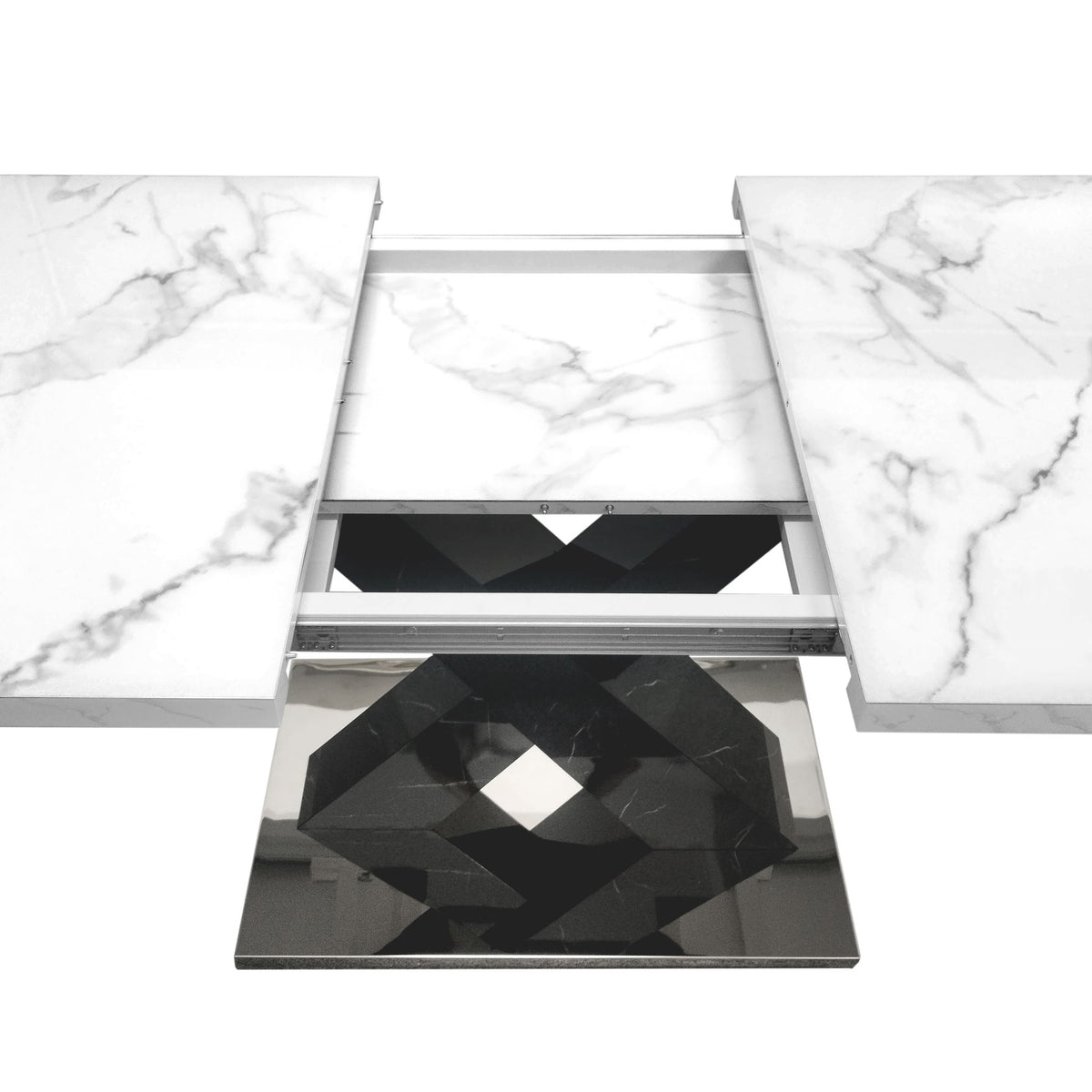Rectangle Dining Table With Stretchable Top, X Shape Mdf Legs With Steel Base - White / Black