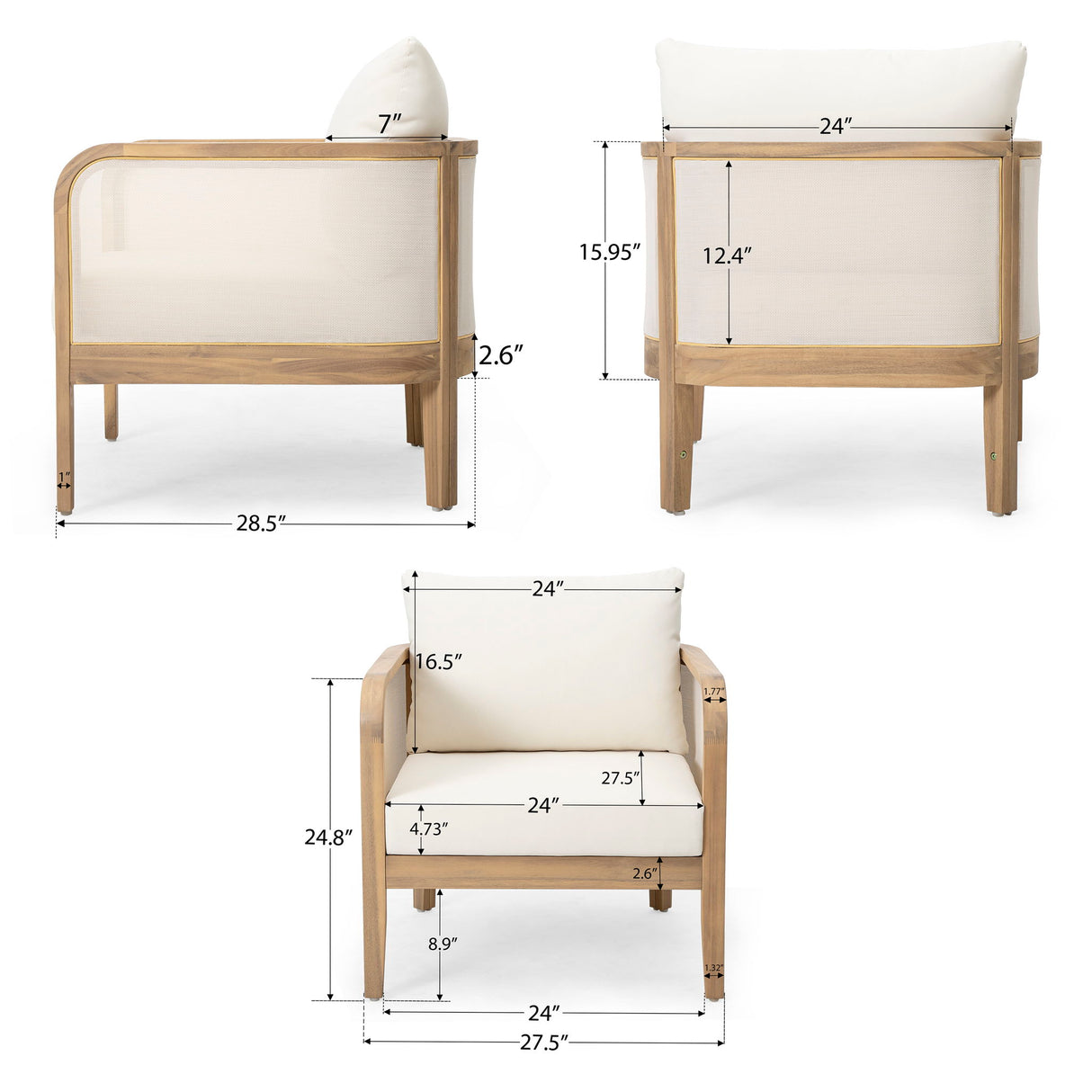Outdoor Acacia Wood Patio Club Chair, Textilene Patio Furniture, Waterproof Thick Cushion Deep Seating For Porch, Garden, Backyard, Balcony, Weight Capacity 400Lbs, Light Teak - Beige