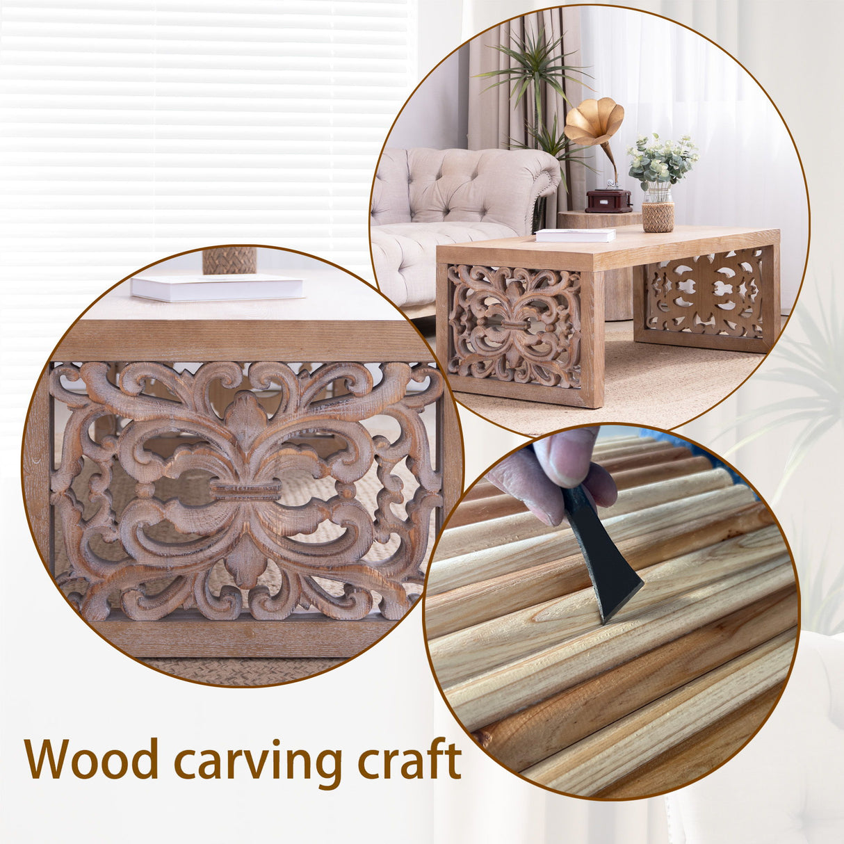 Rustic Carved Wood Coffee Table, Handcrafted Look With Ornate Side Panels