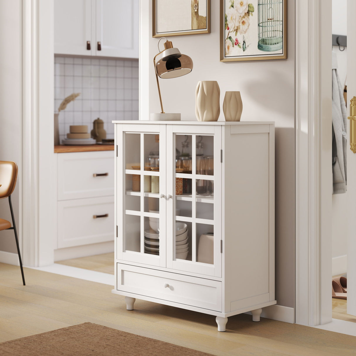 Minimalist Buffet Cabinet With Double Glass Doors And Drawer