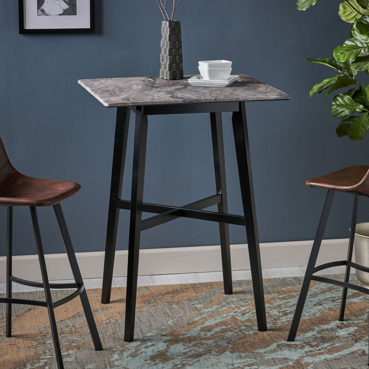 Modern Bar Height Dining Table, Rubberwood Legs And Laminate Table Top