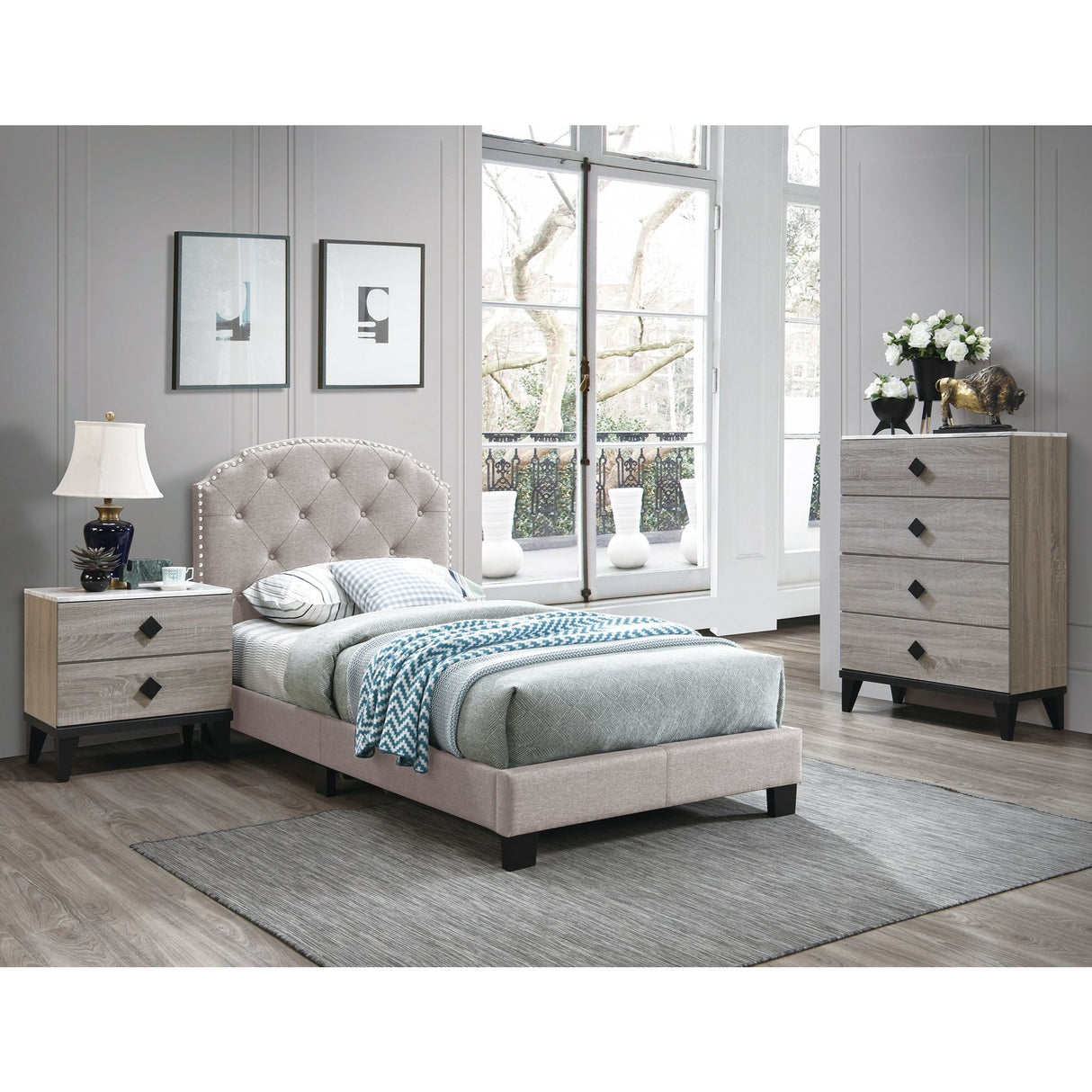 Button Tufted Bed With Nailhead Trim