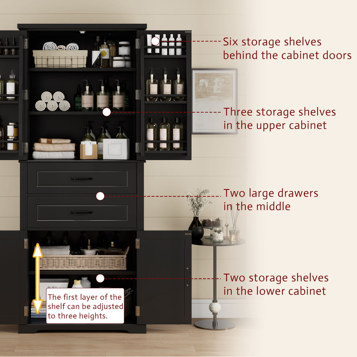 Storage Cabinet With Adjustable Shelves, 2 Drawers, Doors