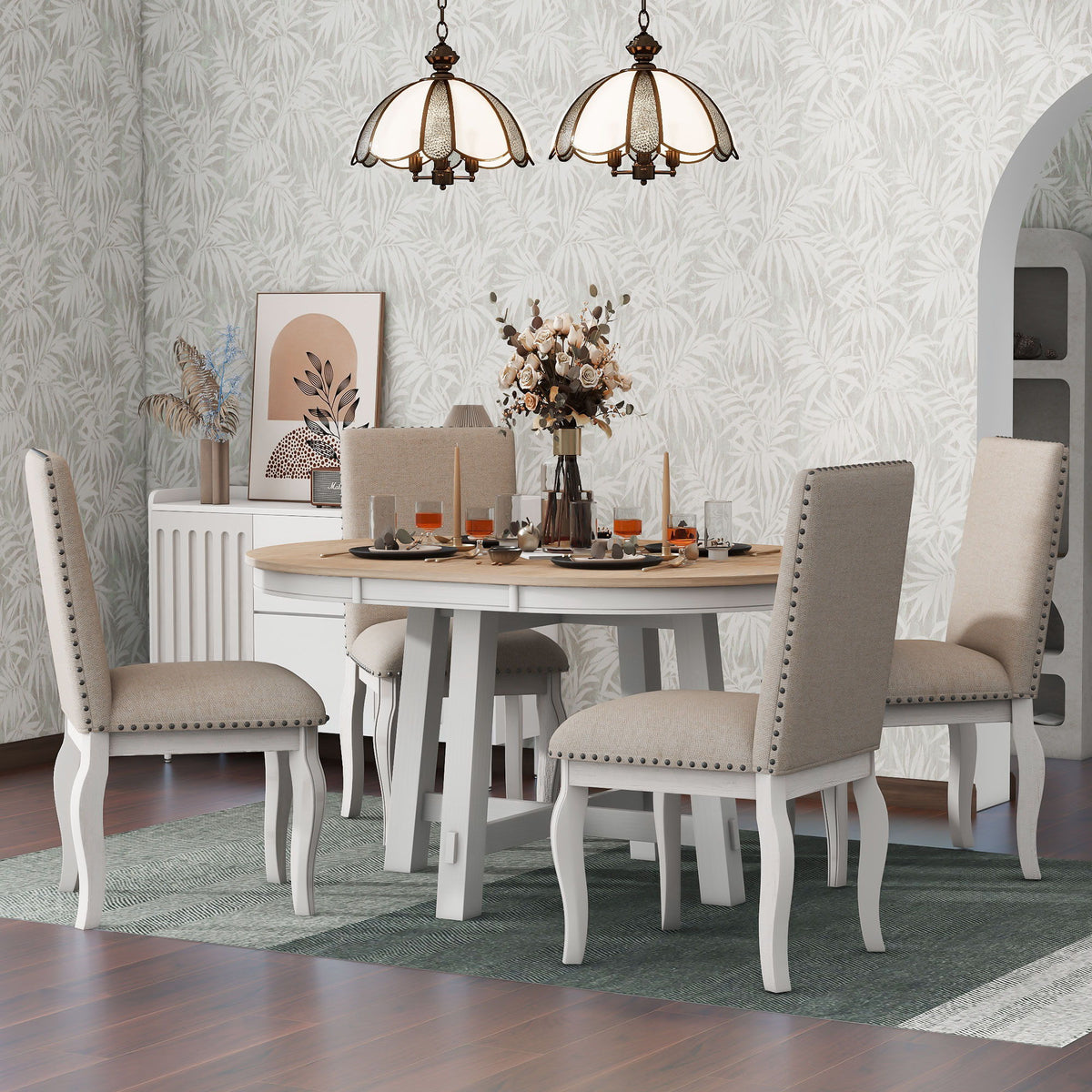 Round Extendable Dining Table Set With 4 Upholstered Chairs