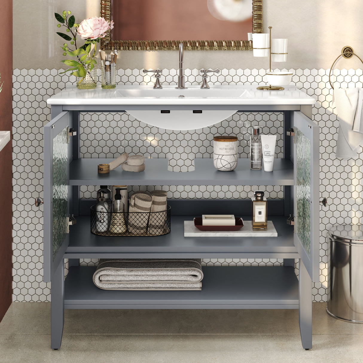 Bathroom Vanity With Ceramic Sink, Adjustable & Open Shelf