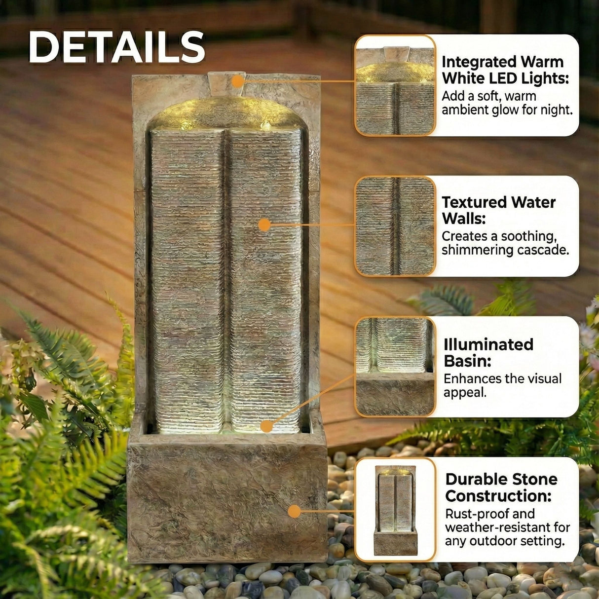 Modern Outdoor Water Fountain With LED Lights