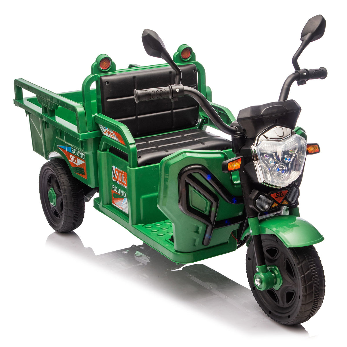 12V Kids Electric 3 Wheel Cargo Truck, 2Wd, Anti Slip Wheels, Large Storage, Extra Wide Seat With LED Lights & Music - Green