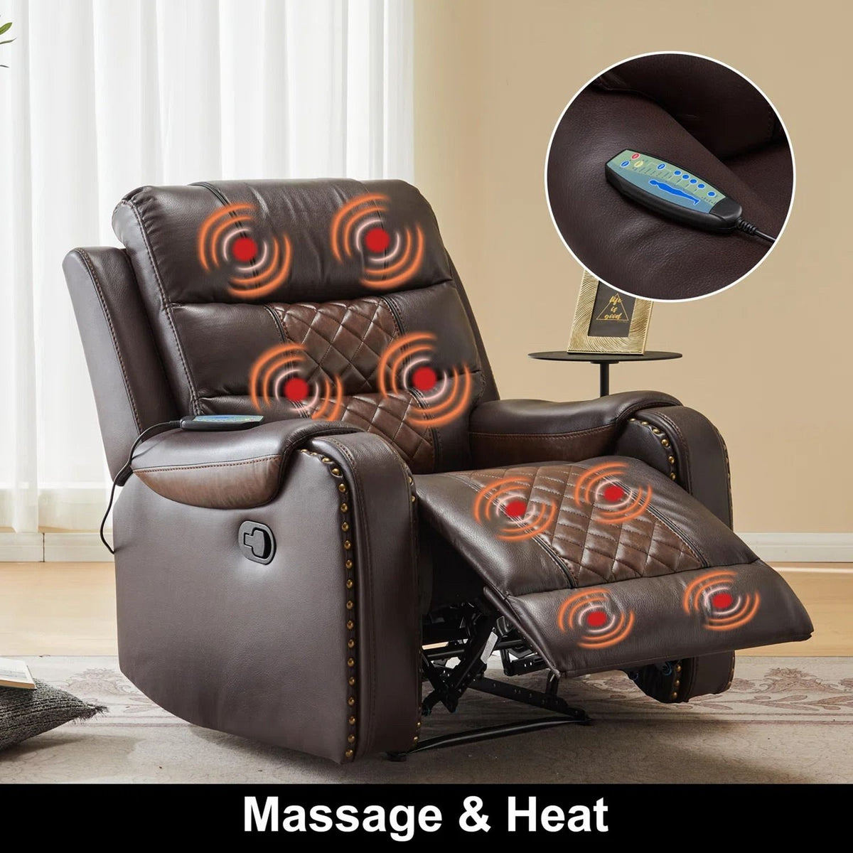 Heated Massage Recliner With Remote Control - Brown