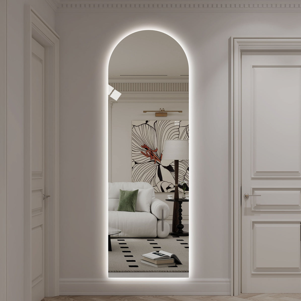 LED Full Length Wall Mirror With Symmetrical Arch Design, 3 Color Dimmable Lighting - Silver