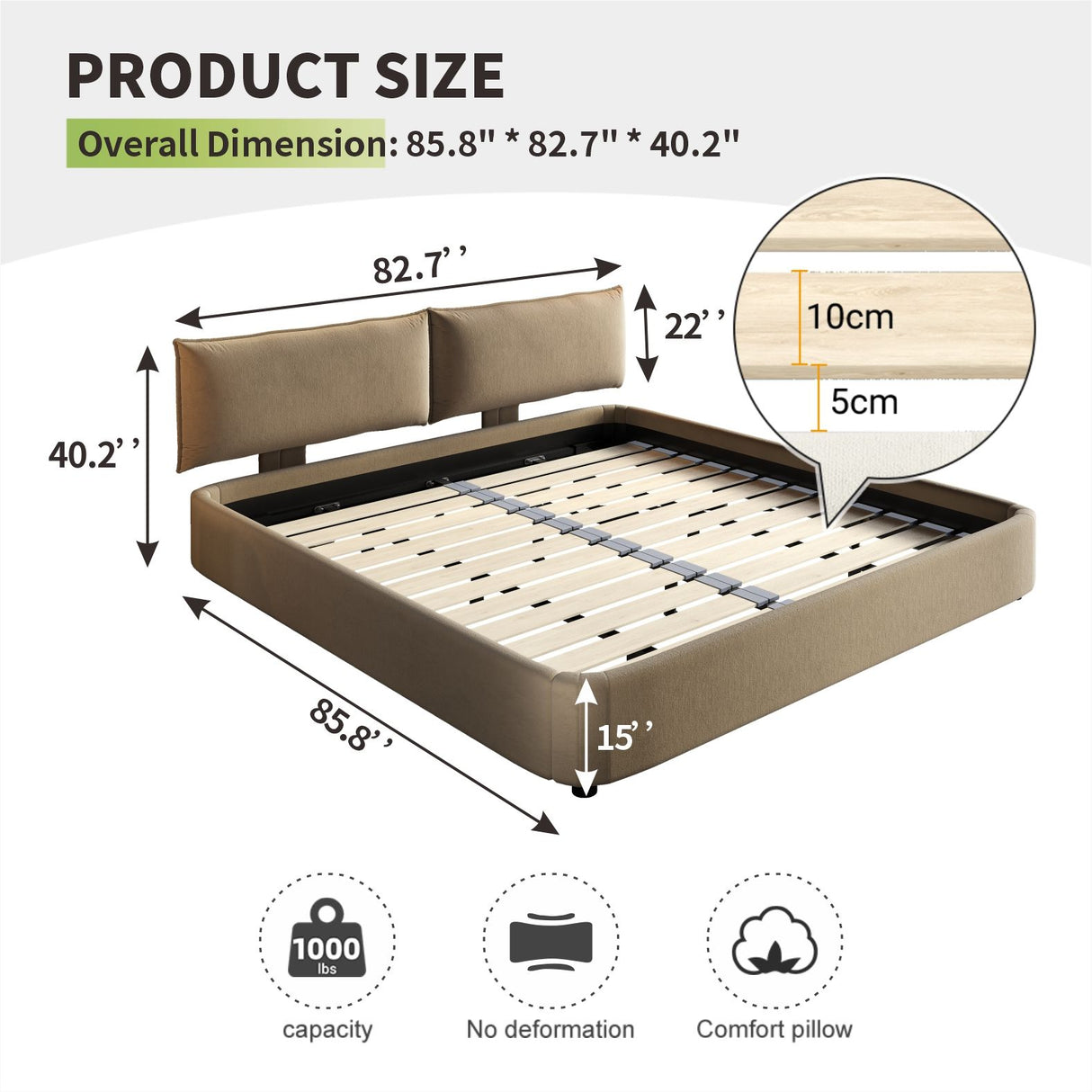 Cloud Bed Frame With Oversized Padded Movable Headboard