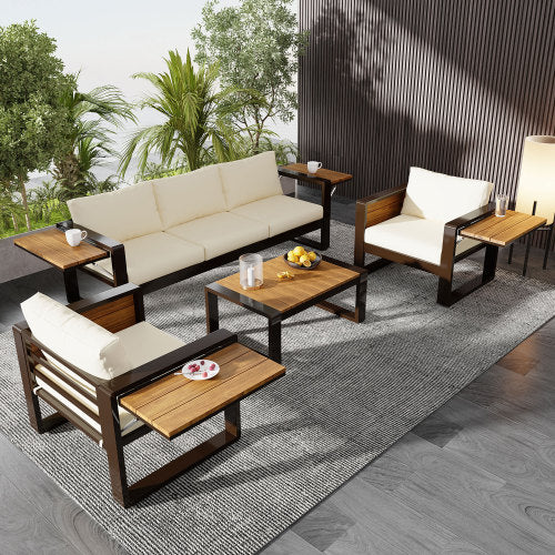 Large 4-Piece Aluminum Frame Outdoor Patio Furniture Set Beige Cushions