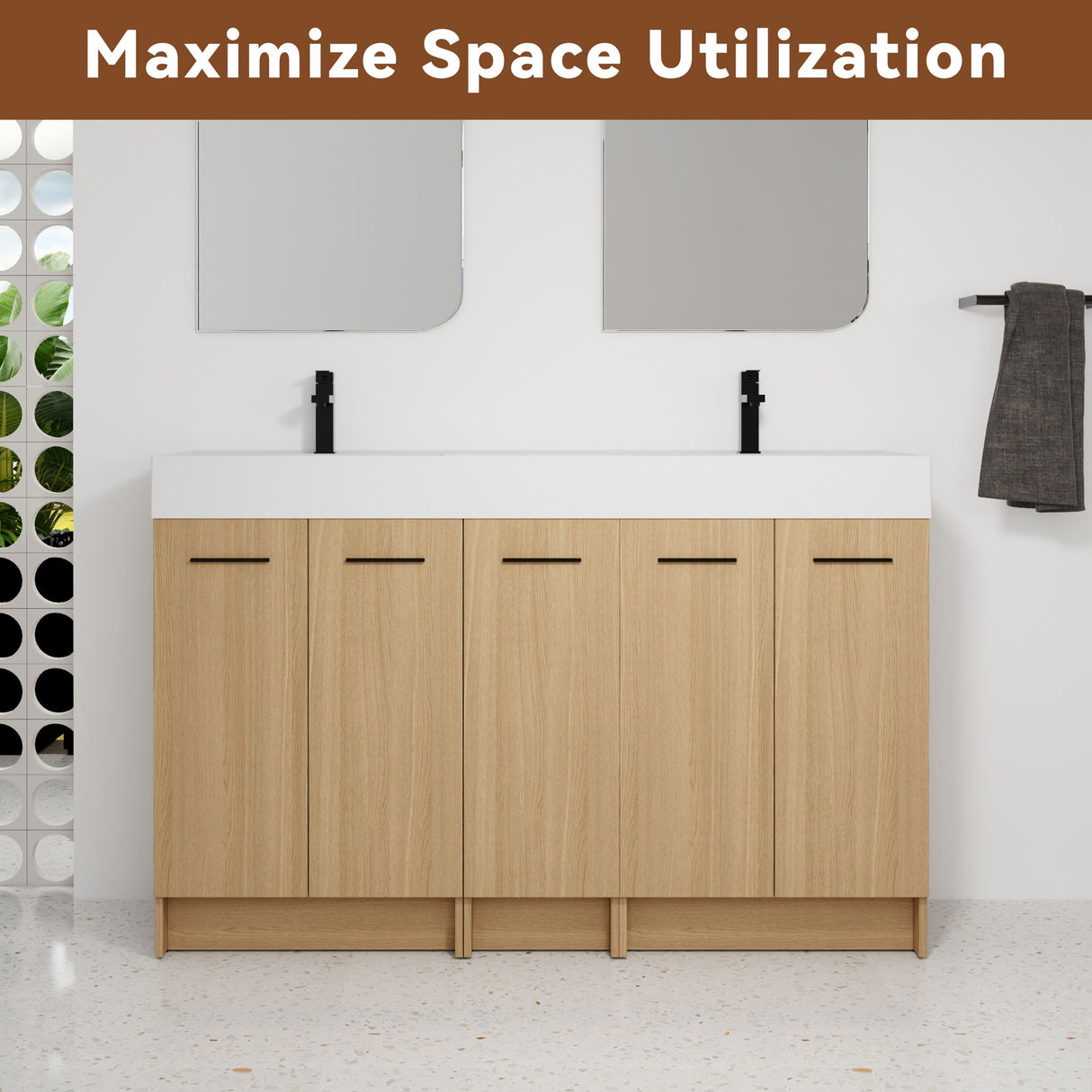 Double Sink Bathroom Vanity With Extra Large Storage, Integrated Sink, Freestanding Cabinet, Soft Close Doors - Glossy White / Light Oak