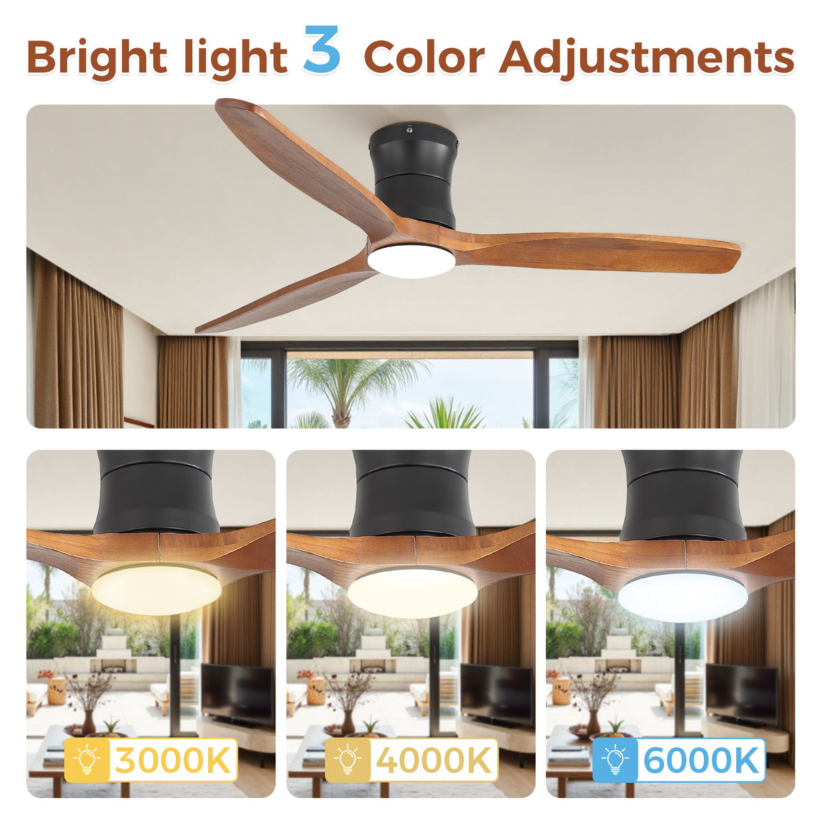 52" Ceiling Fan With Light, Dimmable DC Reversible Motor, 3 Blades