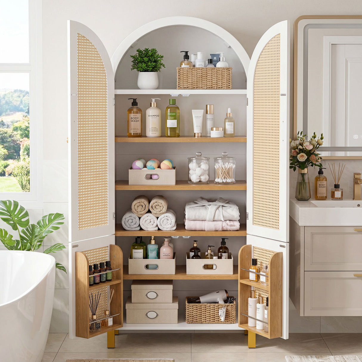 Tall Arched Cabinet With Rattan Doors & Adjustable Shelves