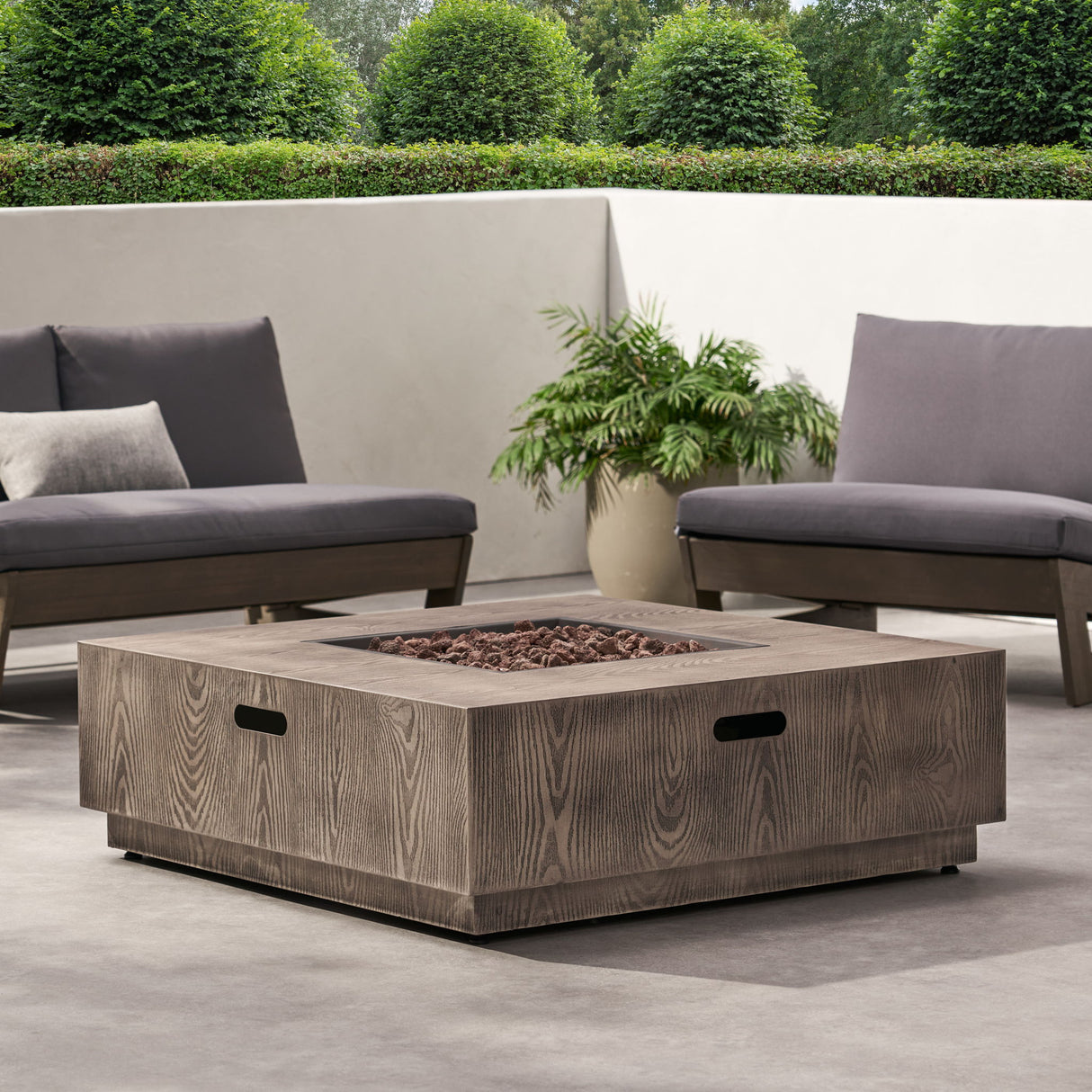 Outdoor Propane Fire Pit Table Iron Wood Pattern 50000 BTU Dark Brown
