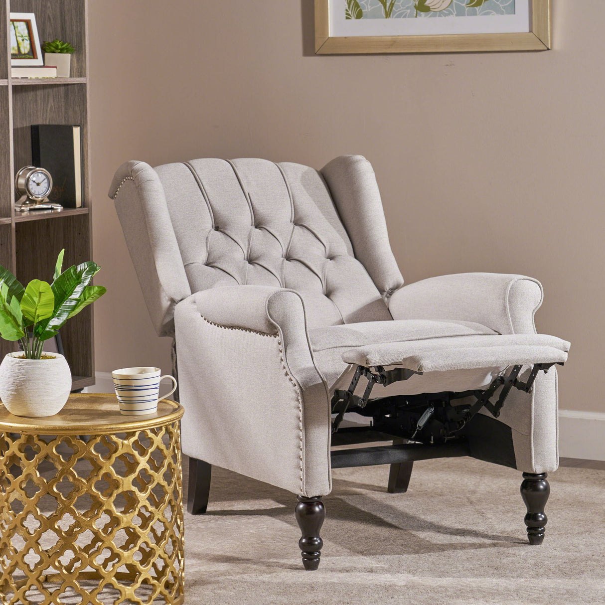Tufted Arm Chair Recliner With Wingback Style, Pushback Mechanism - Light Gray