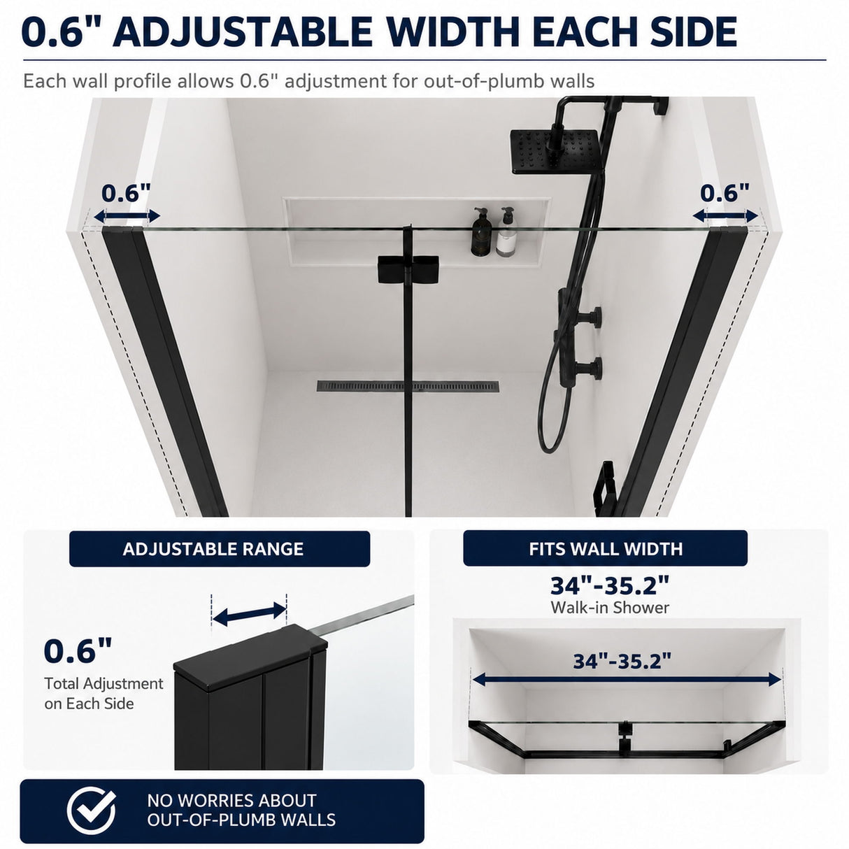 Semi Frameless Bifold Shower Door, Reversible Pivot Hinge, Space Saving Bathroom Panel - Matte Black