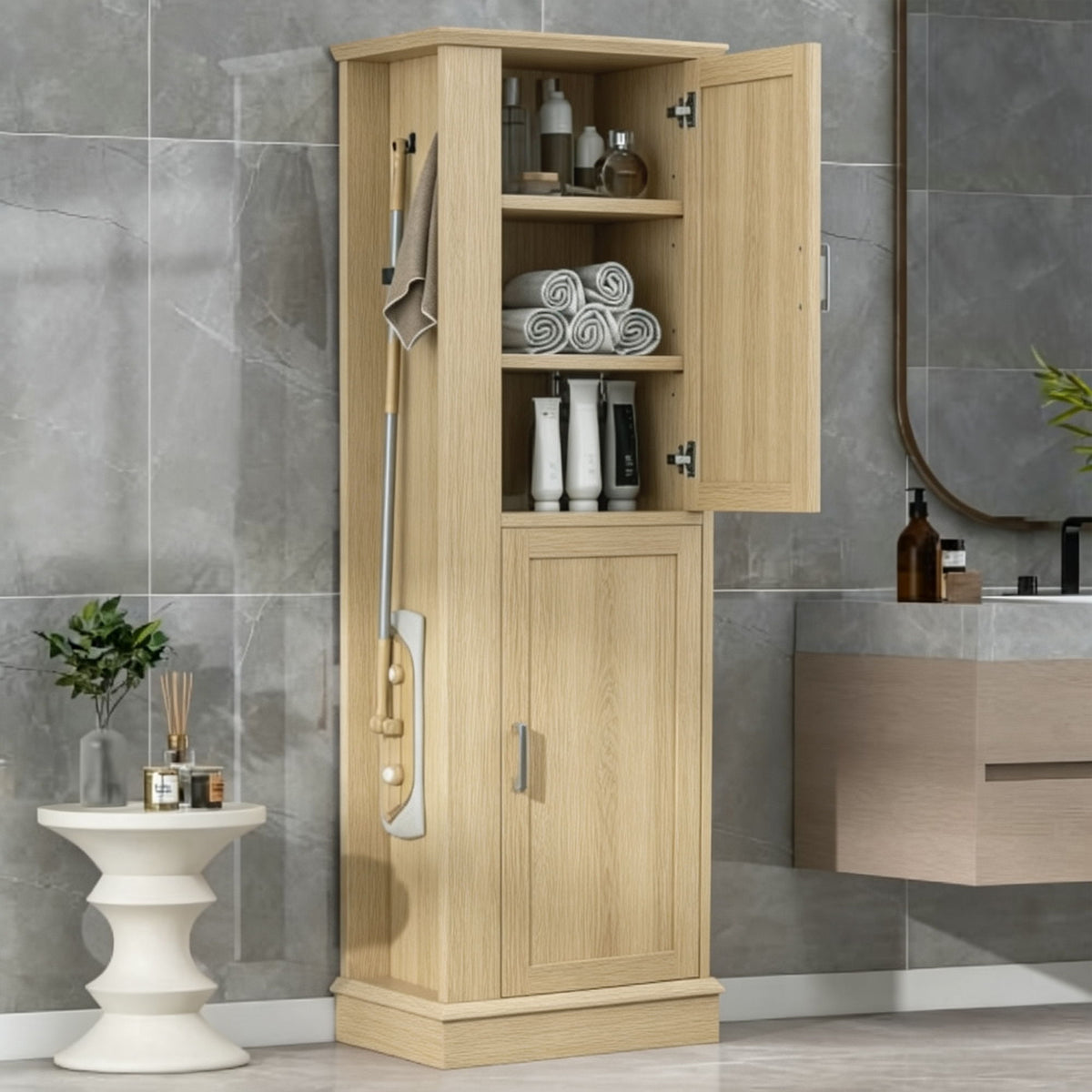 Tall Freestanding Bathroom Storage Cabinet With Adjustable Shelves And Side Hooks